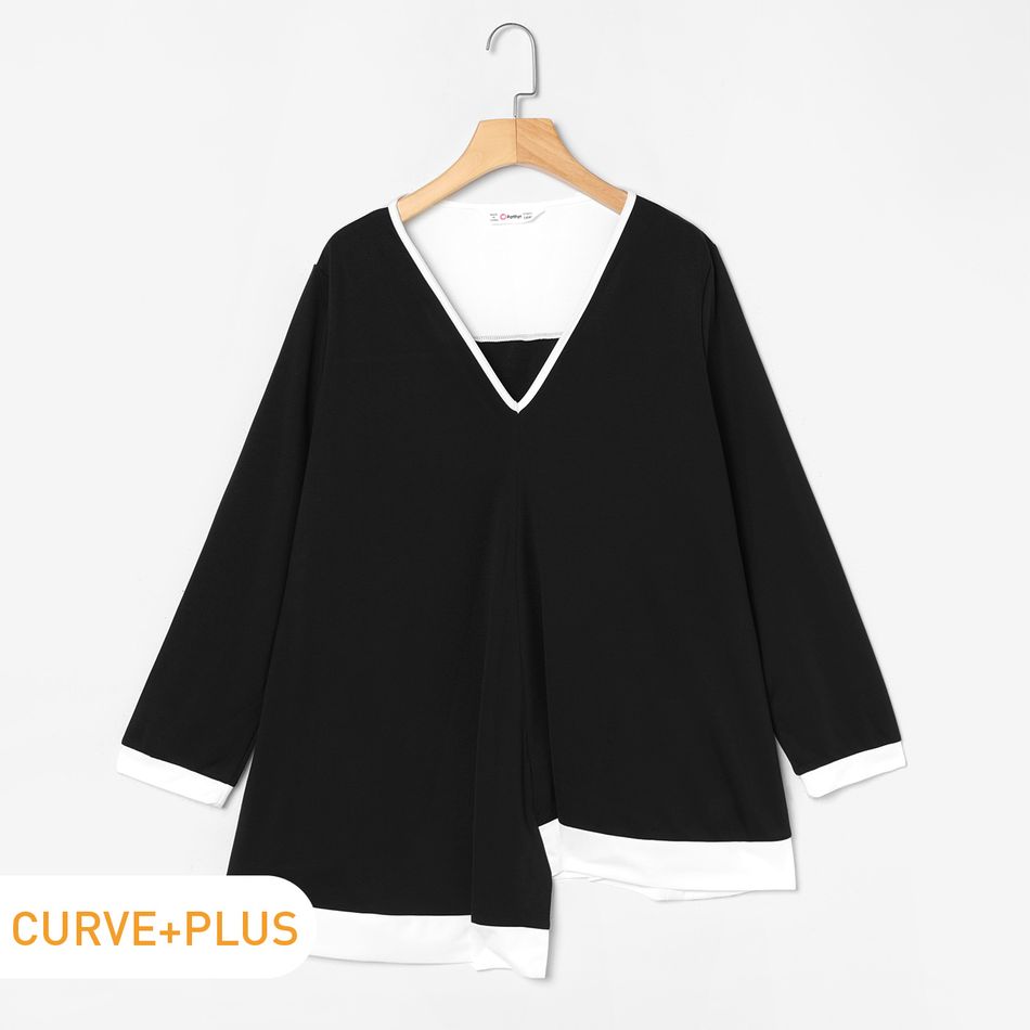 Women Plus Size Elegant V Neck Colorblock Irregular Long-sleeve Blouse Black