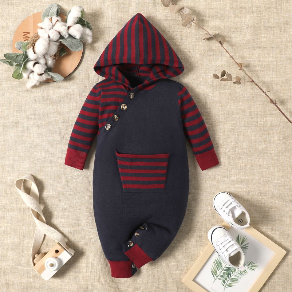 Baby Boy/Girl Colorblock Striped Long-sleeve Hooded Knitted Jumpsuit Color block