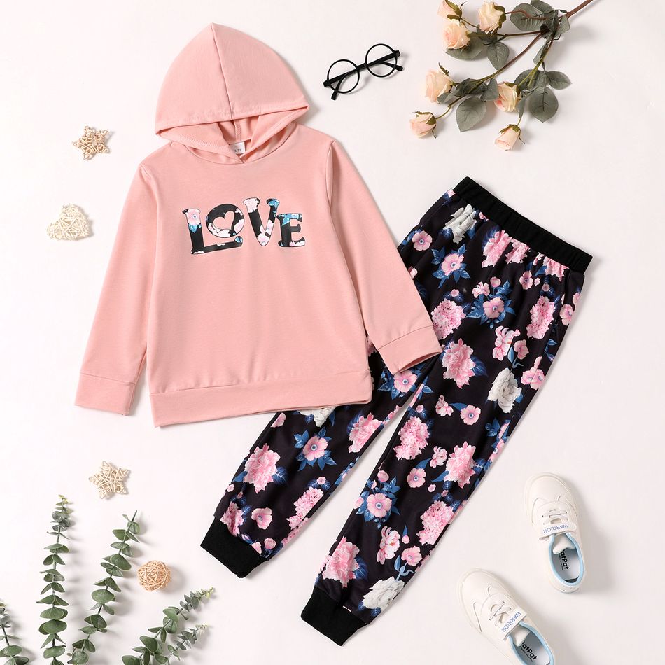 2-piece Kid Girl Letter Print Pink Hoodie Sweatshirt and Floral Print Pants Set Pink