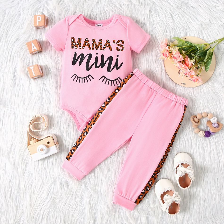 2pcs Baby Girl Eyelash and Letter Print Pink Short-sleeve Romper with Leopard Splicing Trousers Set Pink