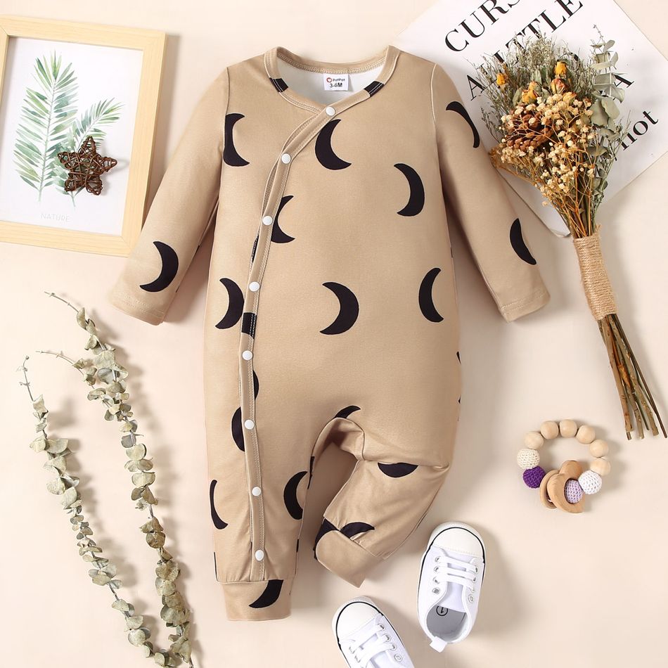 Baby Boy/Girl All Over Moon/Dots Print Long-sleeve Jumpsuit Apricot