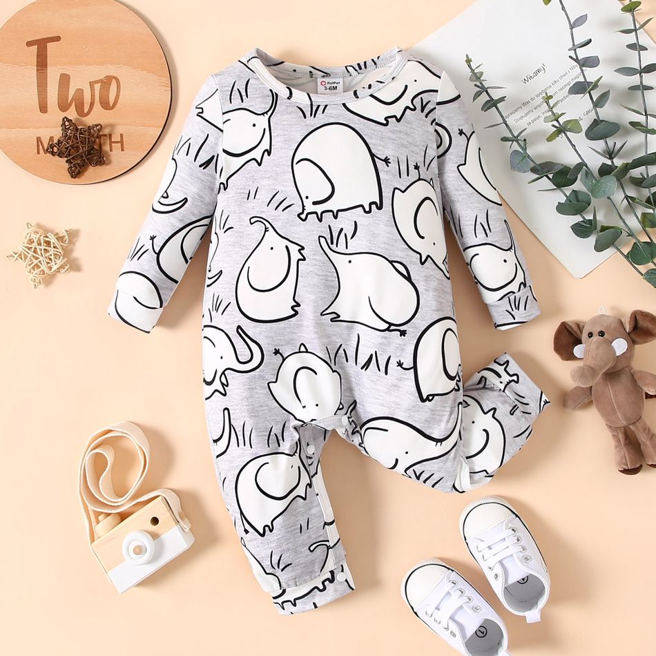 Baby Girl All Over Cartoon Elephant Print Long-sleeve Jumpsuit Colorful