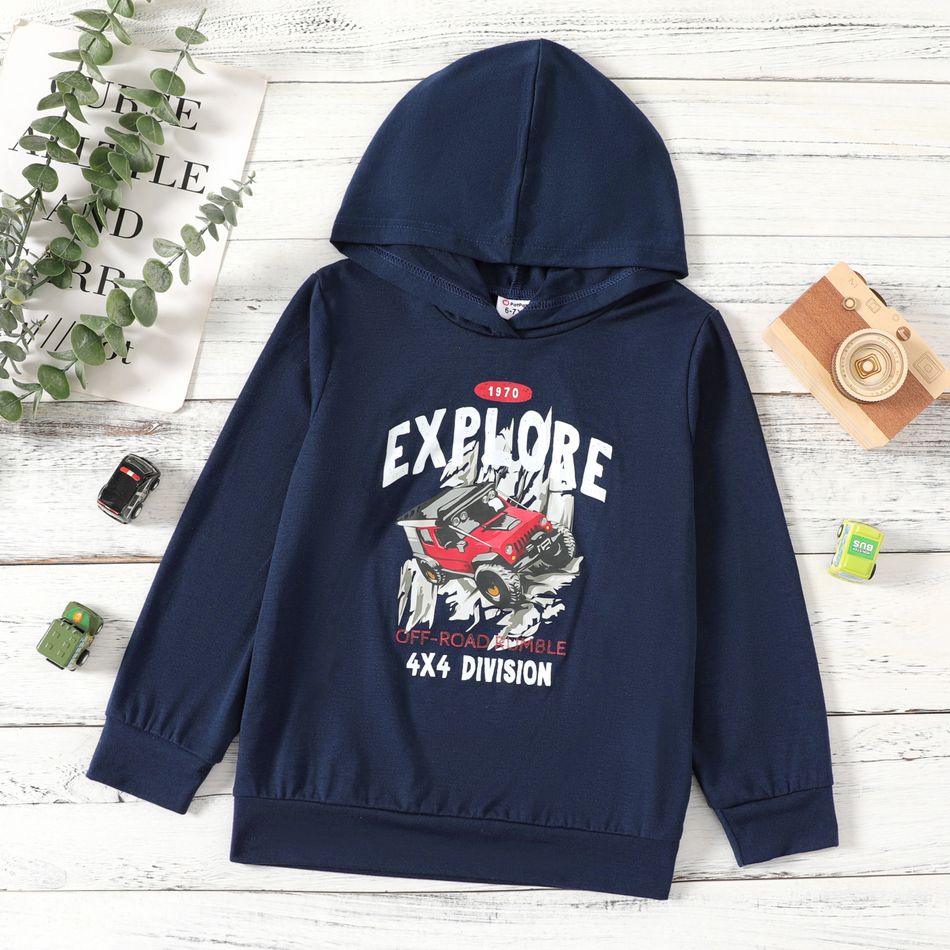 Kid Boy Letter Vehicle Print Dark Blue Hoodie Sweatshirt Deep Blue