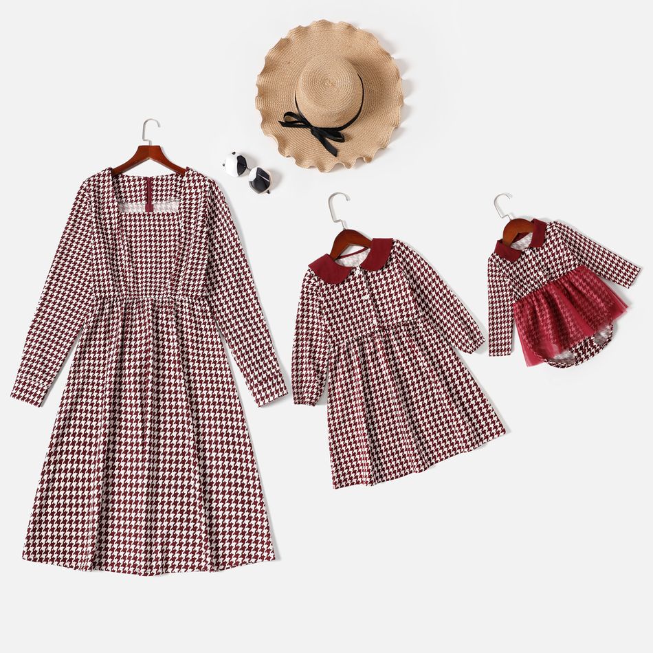 Maroon Houndstooth Square Neck Long-sleeve Dress for Mom and Me MAROON