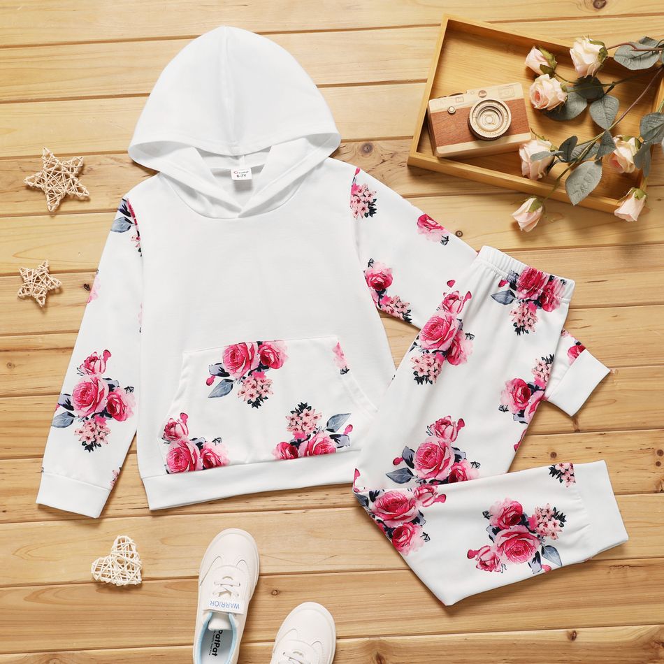 2-piece Kid Girl Floral Print Pocket Design Hoodie Sweatshirt and Elasticized Pants Set White