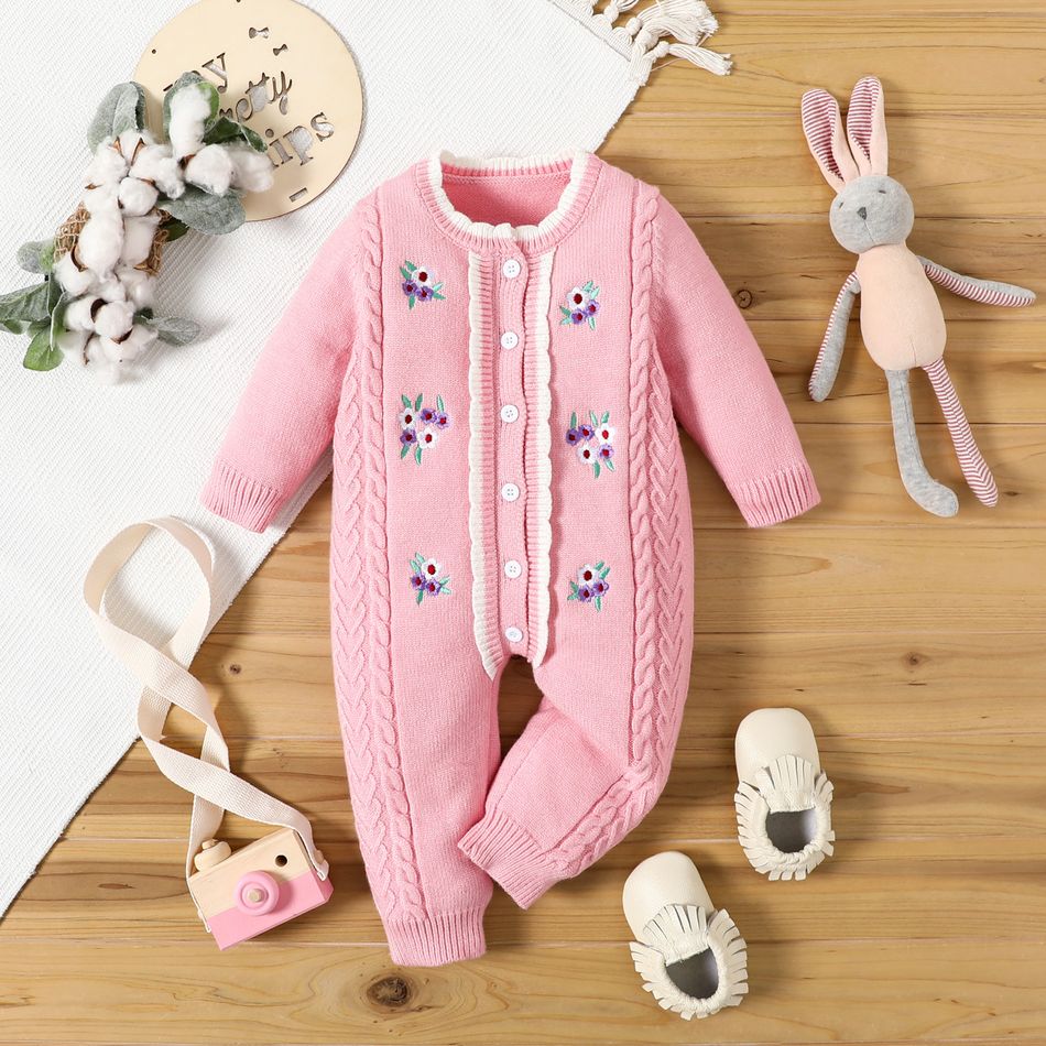 Baby Girl Floral Embroidered Knitted Long-sleeve Button Jumpsuit Light Pink