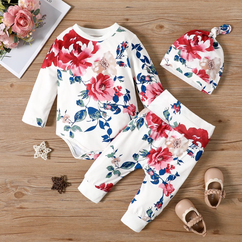 3pcs Baby Girl All Over Floral Print White Long-sleeve Romper and Trousers Set White
