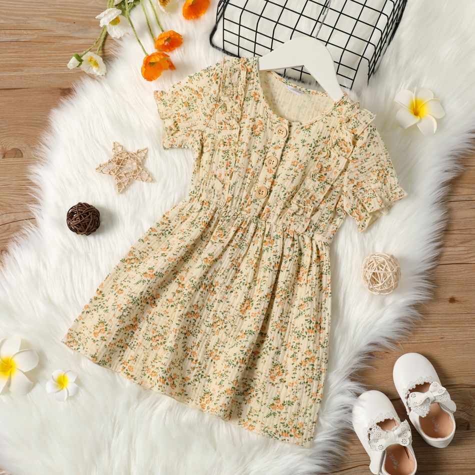 Toddler Girl 100% Cotton Floral Print Button Design Waisted Short-sleeve Dress OffWhite