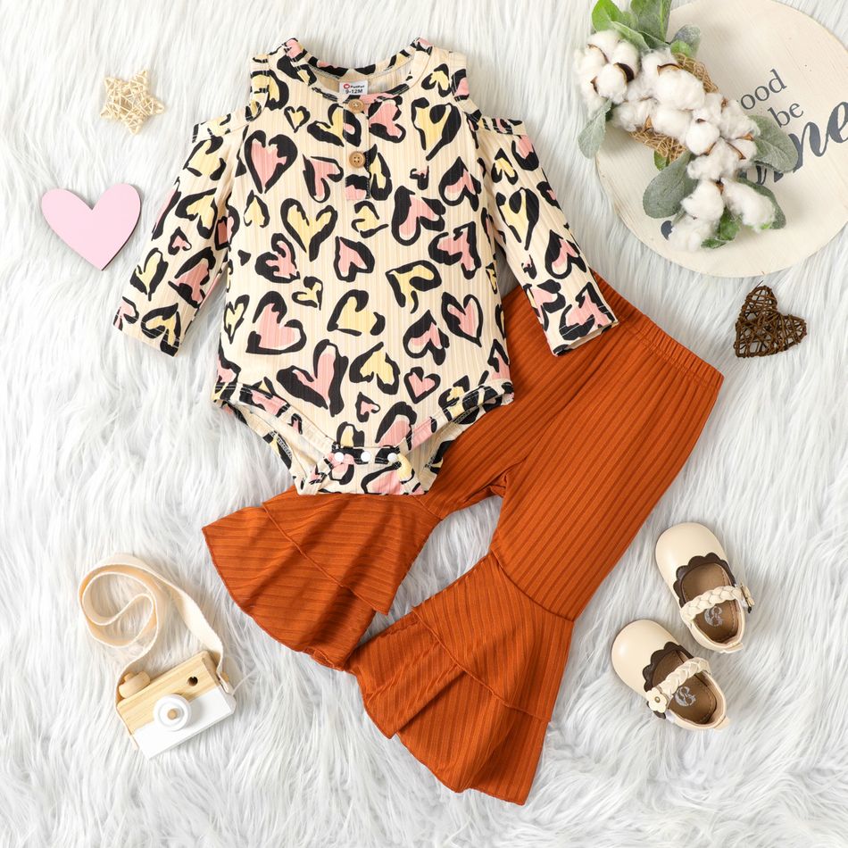 2pcs Baby Girl Leopard Cold Shoulder Long-sleeve Romper and Solid Ribbed Layered Ruffle Bell Bottom Pants Set Color block