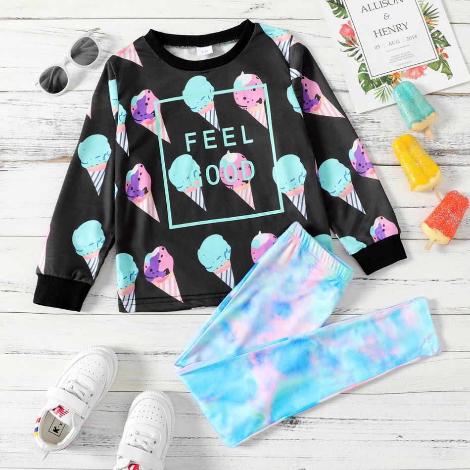 2-piece Kid Girl Letter Food Print Long-sleeve Tee and Tie Dye Leggings Set Light Blue