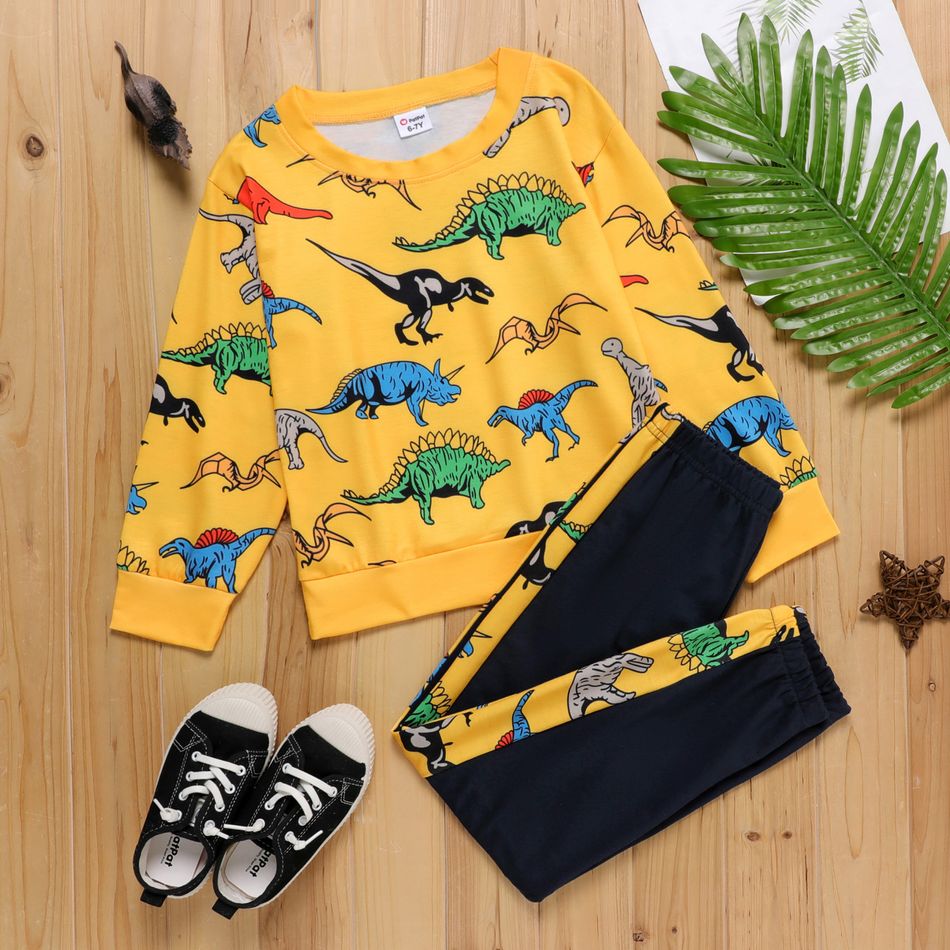 2-piece Kid Boy Animal Dinosaur Print Pullover Sweatshirt and Elasticized Pants Set Yellow