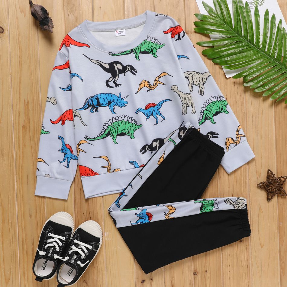 2-piece Kid Boy Animal Dinosaur Print Pullover Sweatshirt and Elasticized Pants Set Grey