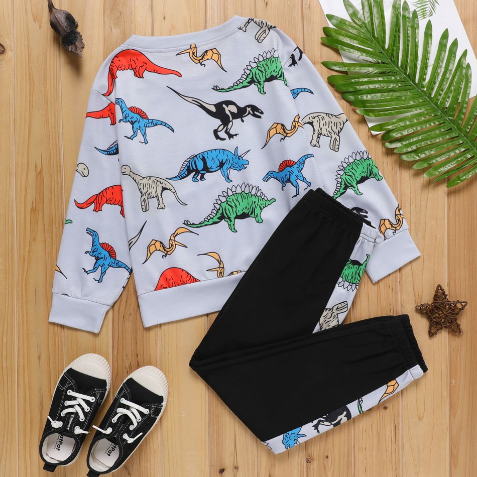 2-piece Kid Boy Animal Dinosaur Print Pullover Sweatshirt and Elasticized Pants Set Grey big image 2