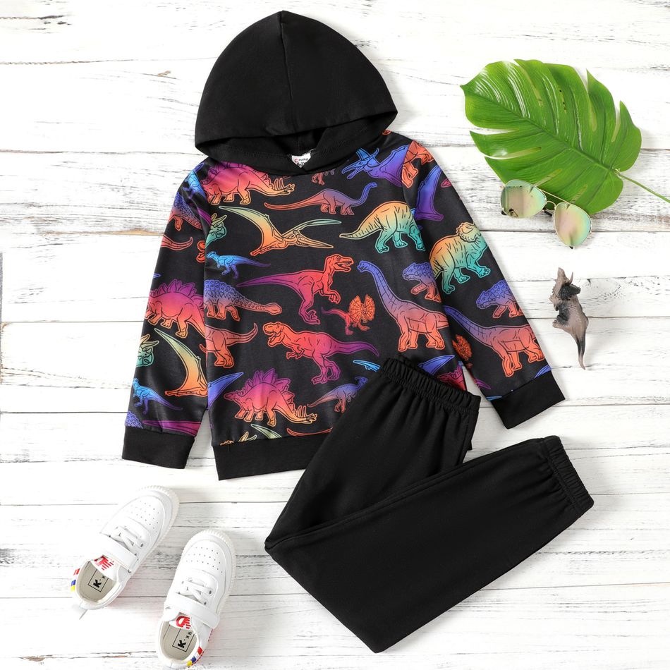 2-piece Kid Boy Animal Dinosaur Print Hoodie Sweatshirt and Black Pants Set Black