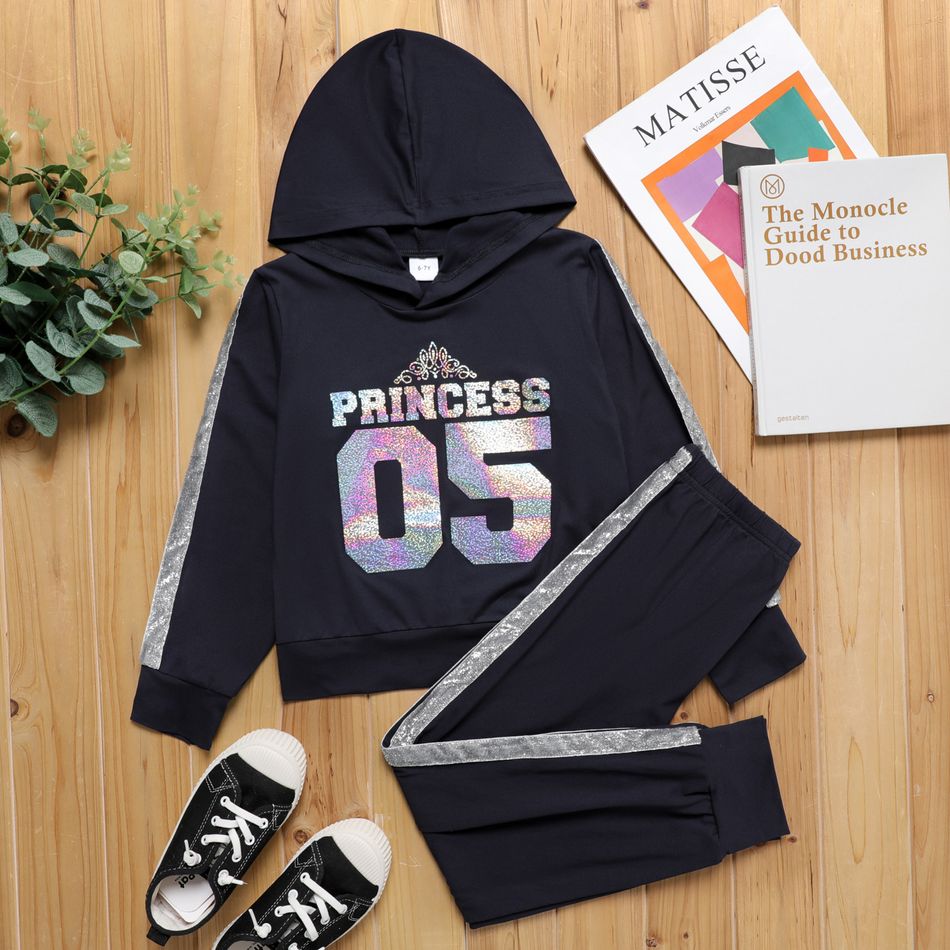 2-piece Kid Girl Laser Crown Letter Number Print Hoodie Sweatshirt and Side Glitter Design Pants Set Navy