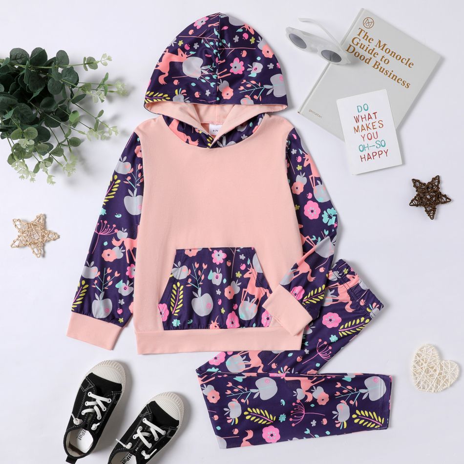2-piece Kid Girl Floral Print Pocket Design Hoodie Sweatshirt and Elasticized Leggings Set Pink