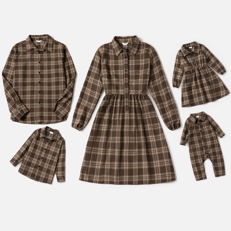 Family Matching Brown Plaid Long-sleeve Dresses and Shirts Sets Brown