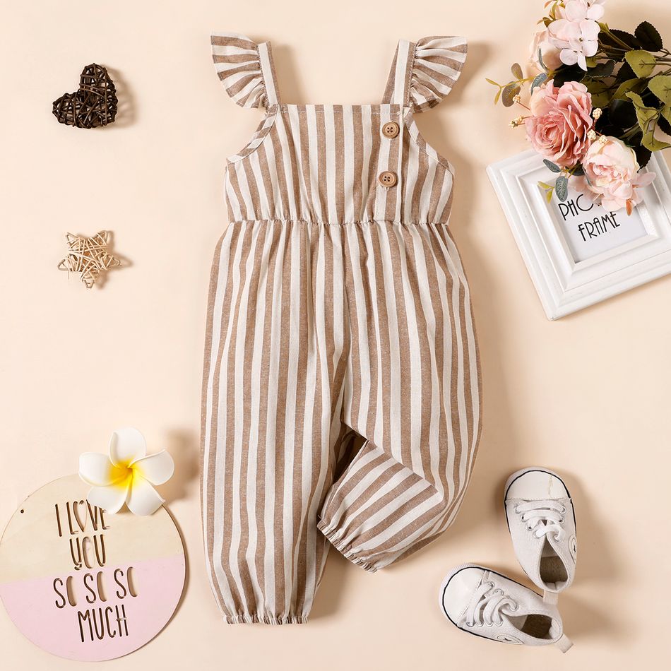 Baby Girl 100% Cotton Solid/Striped/Floral-print Sleeveless Ruffle Jumpsuit Apricot big image 1