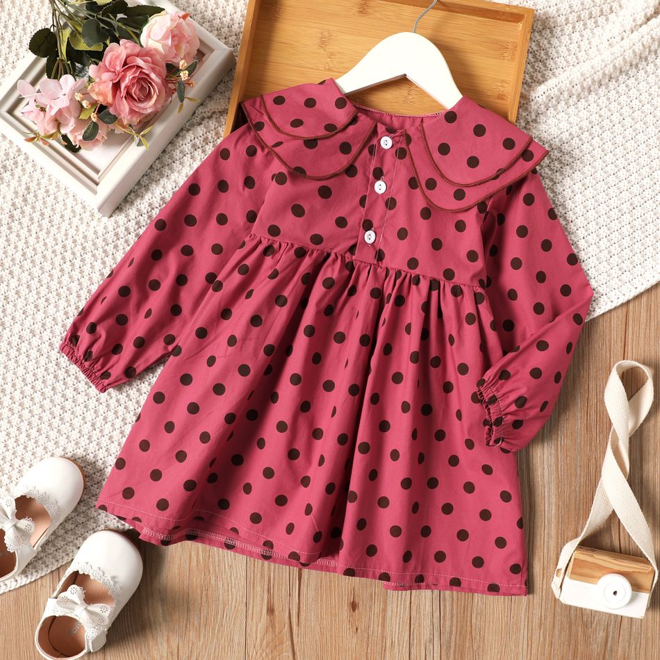 Toddler Girl Polka dots Doll Collar Button Design Long-sleeve Dress Lavender big image 1