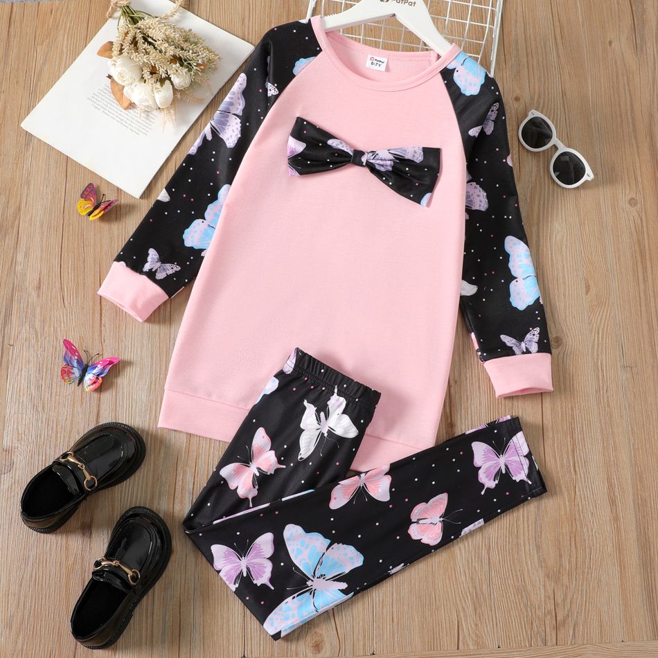 2-piece Kid Girl Butterfly Print Polka dots Bowknot Design Long-sleeve Top and Pants Set Pink