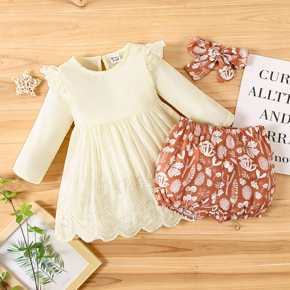 3-piece Baby Girl Ruffled Schiffy Design Scallop Hem Long-sleeve Romper, Floral Print Shorts and Headband Set Apricot
