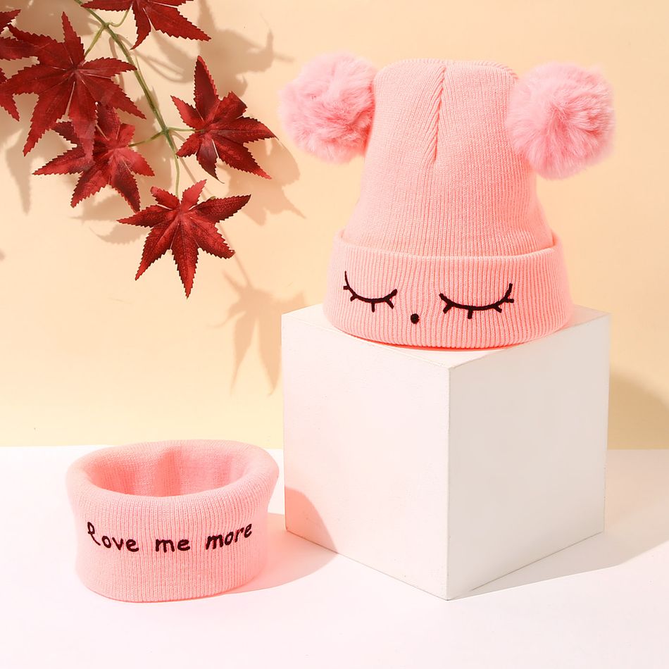 2-pack Baby / Toddler Double Pompon Letter Print Knit Beanie Hat and Scarf Set Pink big image 2
