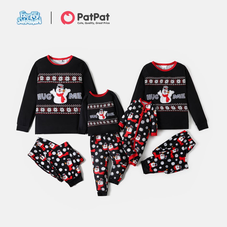 Frosty The Snowman Family Matching Hug Snowman Top and Allover Pants Pajamas Sets Black