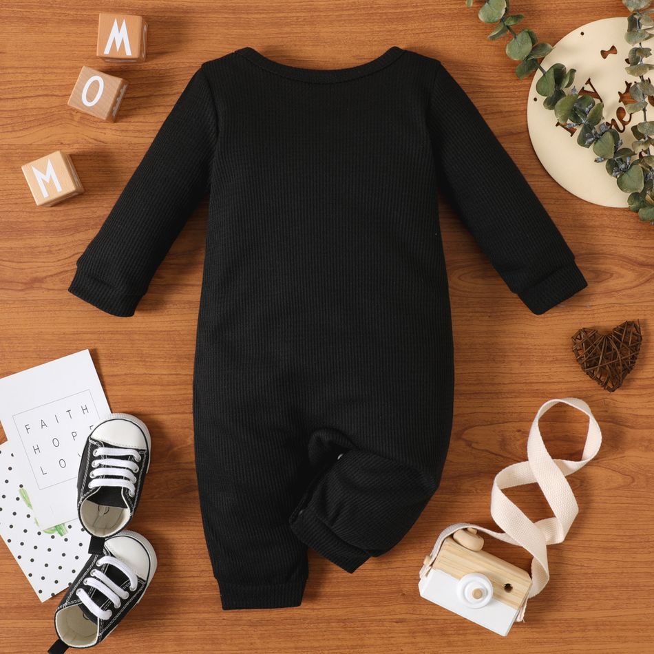 Baby Boy Letter Print Solid Waffle Long-sleeve Jumpsuit Black big image 3