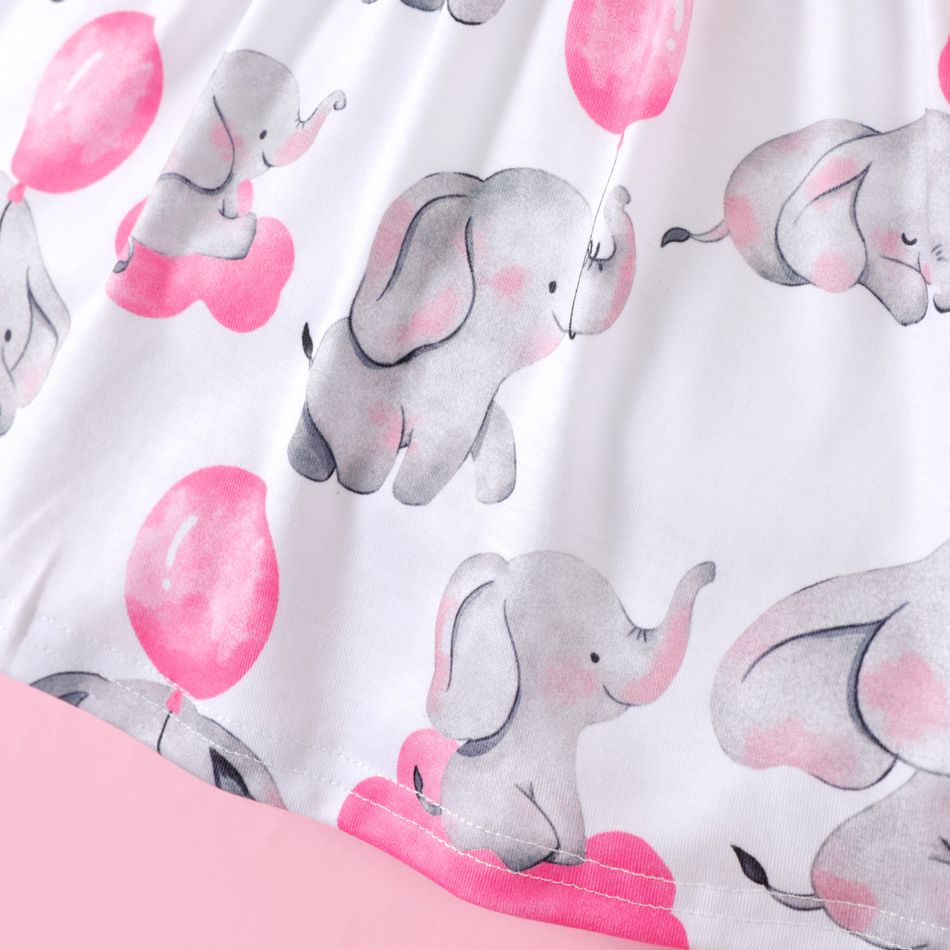 Baby Girl All Over Cartoon Elephant and Pink Balloon Print Long-sleeve Dress Color block