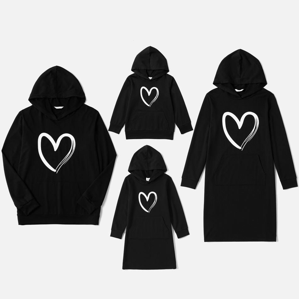Love Heart Print Black Family Matching Long-sleeve Hoodie Dresses and Tops Sets Black