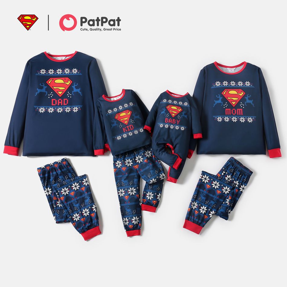 Superman Family Matching Reindeer and Snowflake Top And Pants Pajamas Sets Royal Blue