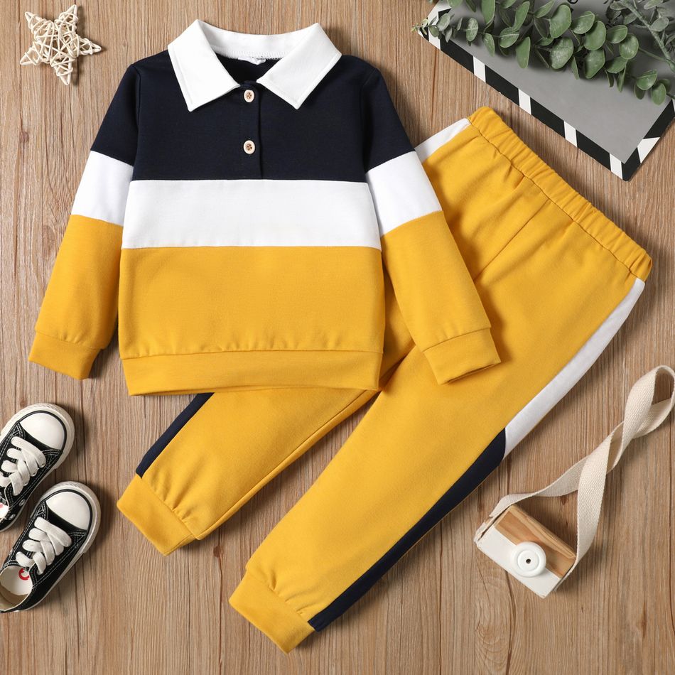 2-piece Toddler Boy Colorblock Long-sleeve Polo Shirt and Pants Casual Set Yellow