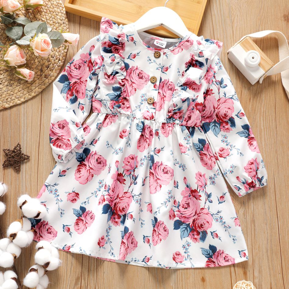 Toddler Girl Ruffled Floral Print/Burgundy Button Design Long-sleeve Dress White