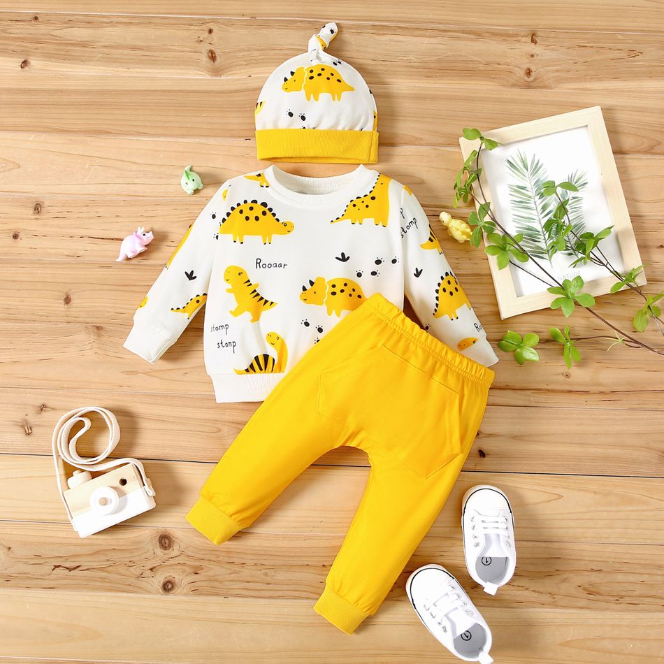 3pcs Baby Boy Cartoon Dinosaur and Letter Print Long-sleeve Pullover and Solid Trousers Set Yellow