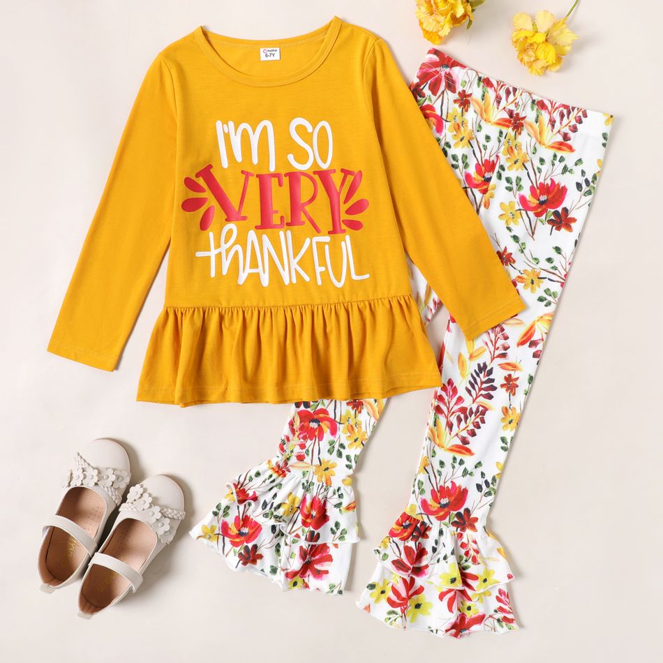 2-piece Kid Girl Letter Print Ruffle Hem Long-sleeve Yellow Top and Floral Print Flared Pants Set Yellow