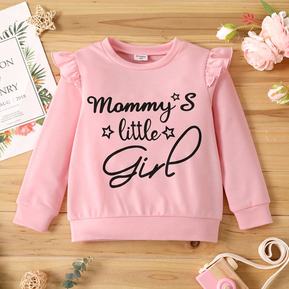 Toddler Girl Letter Print Ruffled Solid Color Pullover Sweatshirt Pink