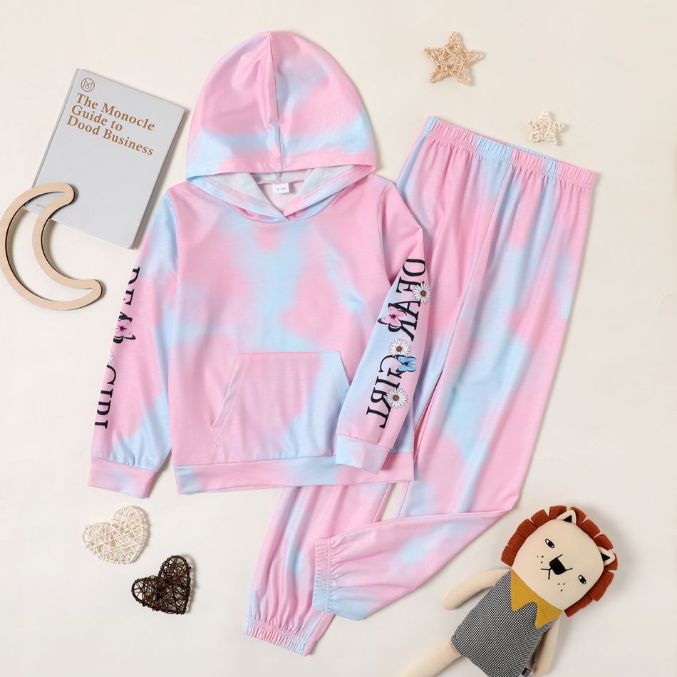 2-piece Kid Girl Letter Floral Print Tie Dye Hoodie Sweatshirt and Elasticized Pants Set Pink