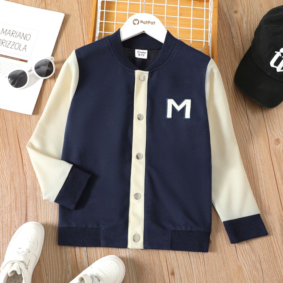 Kid Boy Letter Embroidered Colorblock Button Design Bomber Jacket BLUEWHITE