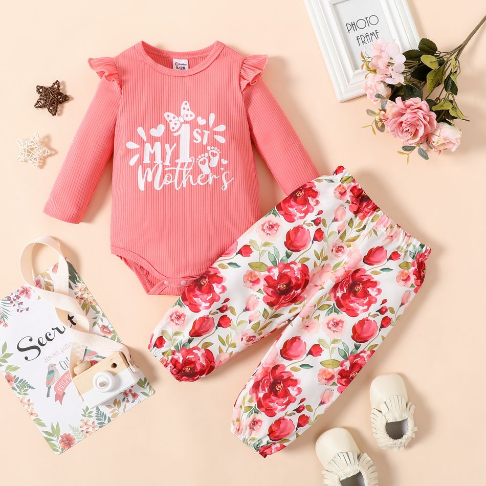 Mother's Day 2pcs Baby Girl Letter Print Pink Ribbed Long-sleeve Romper and Floral Trousers Set Color block