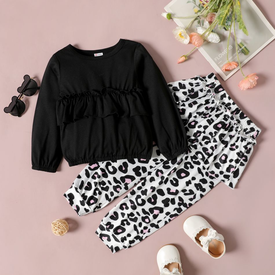 2-piece Toddler Girl Ruffled Long-sleeve Black Top and Leopard Print Skirt Pants Set BlackandWhite