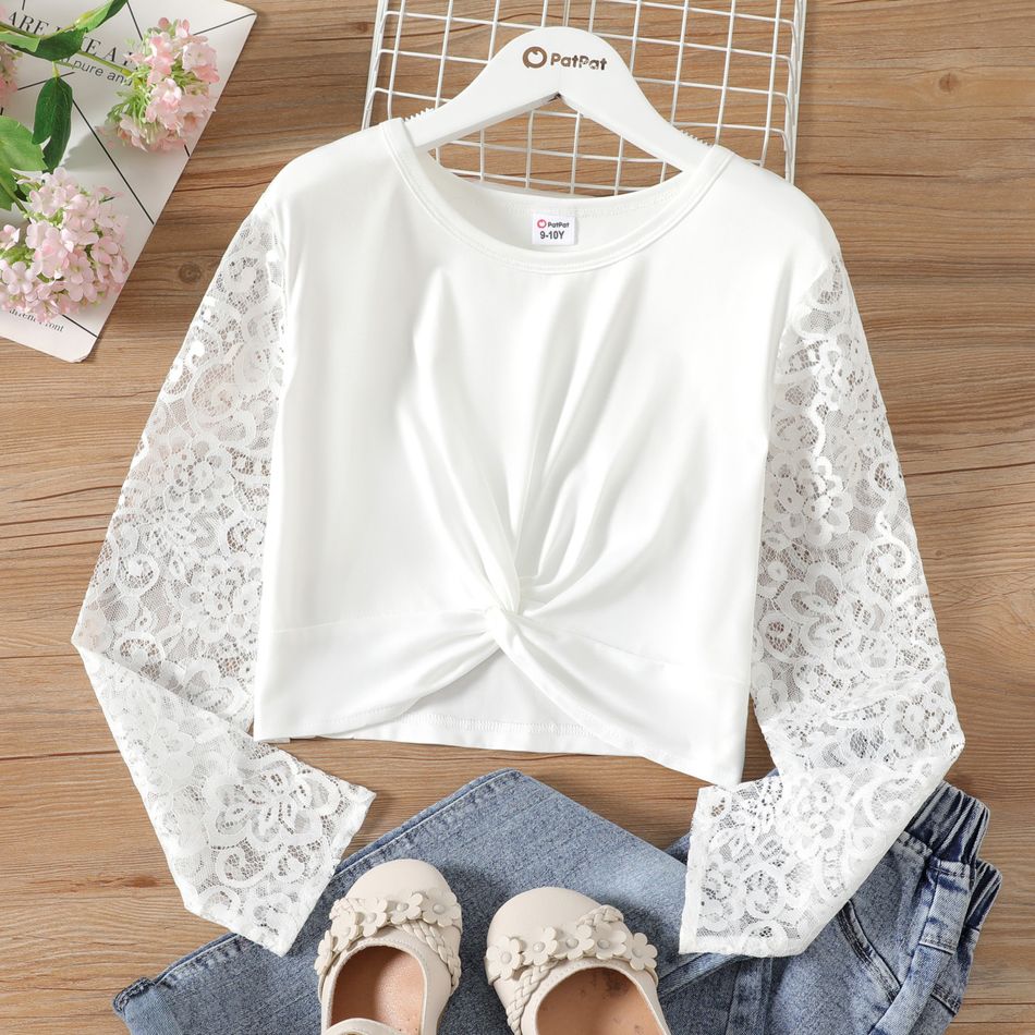 Kid Girl Twist Front Lace Design Long-sleeve Tee White