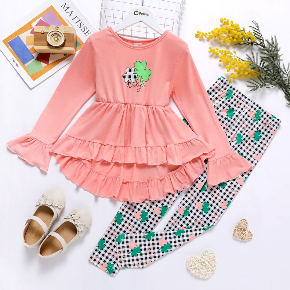2-piece Kid Girl St. Patrick's Day Lucky Clover Print Ruffled Hem High Low Long-sleeve Pink Top and Plaid Pants Set Pink