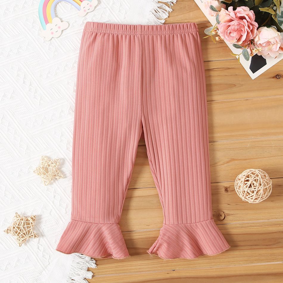 Baby Girl Solid Ribbed Elasticized Waist Bell Bottom Leggings Pants Pink