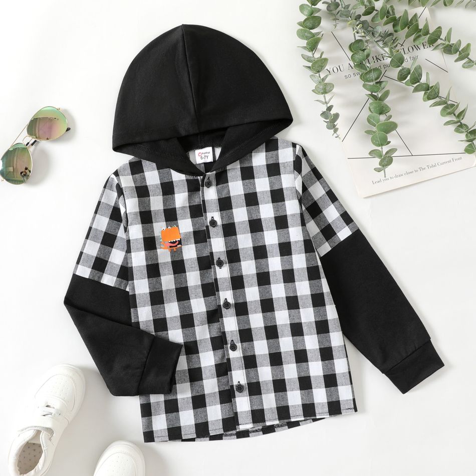 Kid Boy Dinosaur Letter Print Plaid Hooded Long-sleeve Shirt BlackandWhite