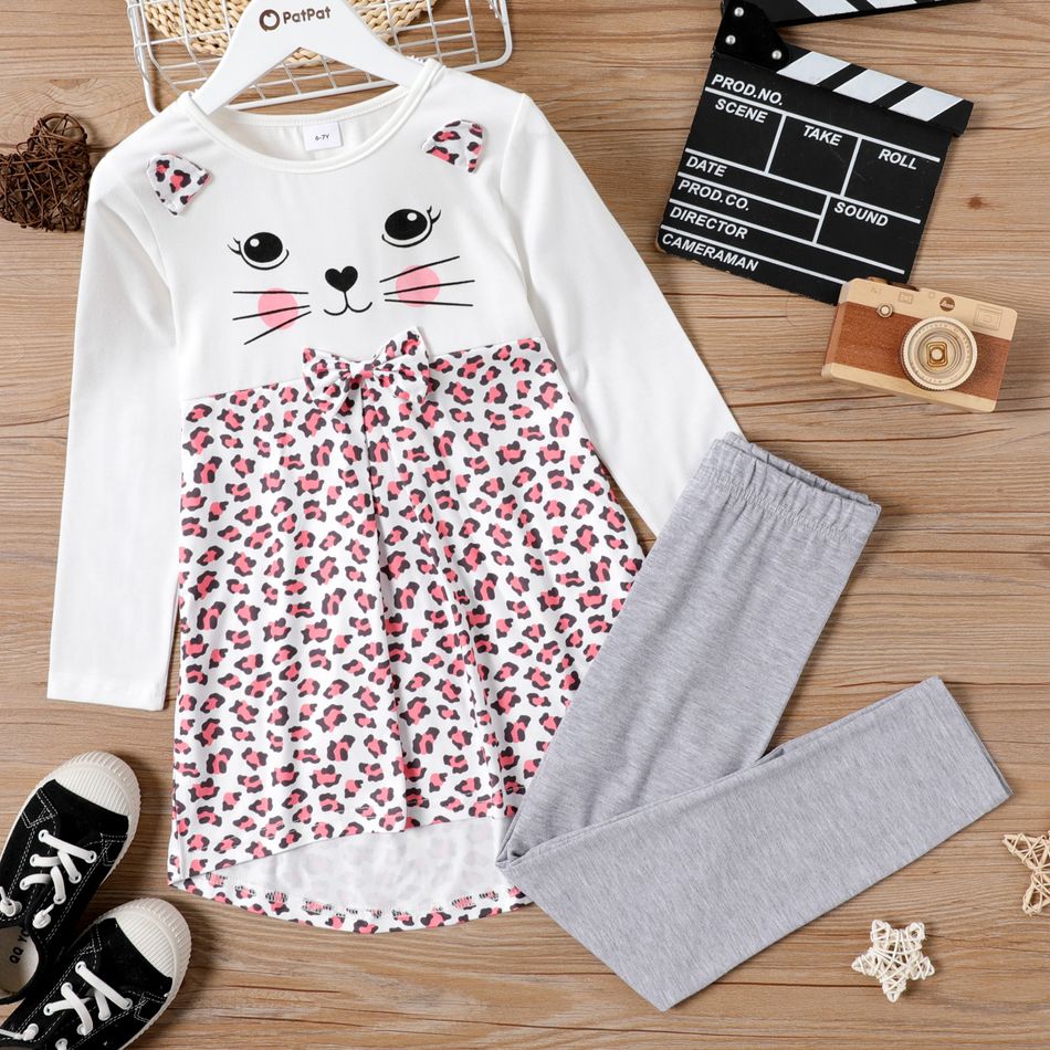 2-piece Kid Girl Cat Leopard Print Long-sleeve High Low Tee and Gray Elasticized Leggings Set Light Grey