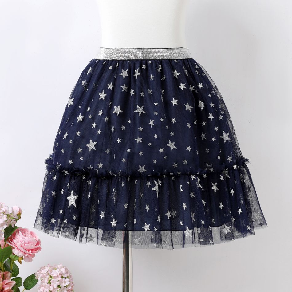 Kid Girl Stars Glitter Design Mesh Skirt Dark Blue big image 1