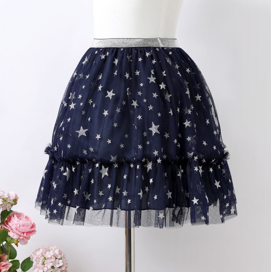 Kid Girl Stars Glitter Design Mesh Skirt Dark Blue big image 2