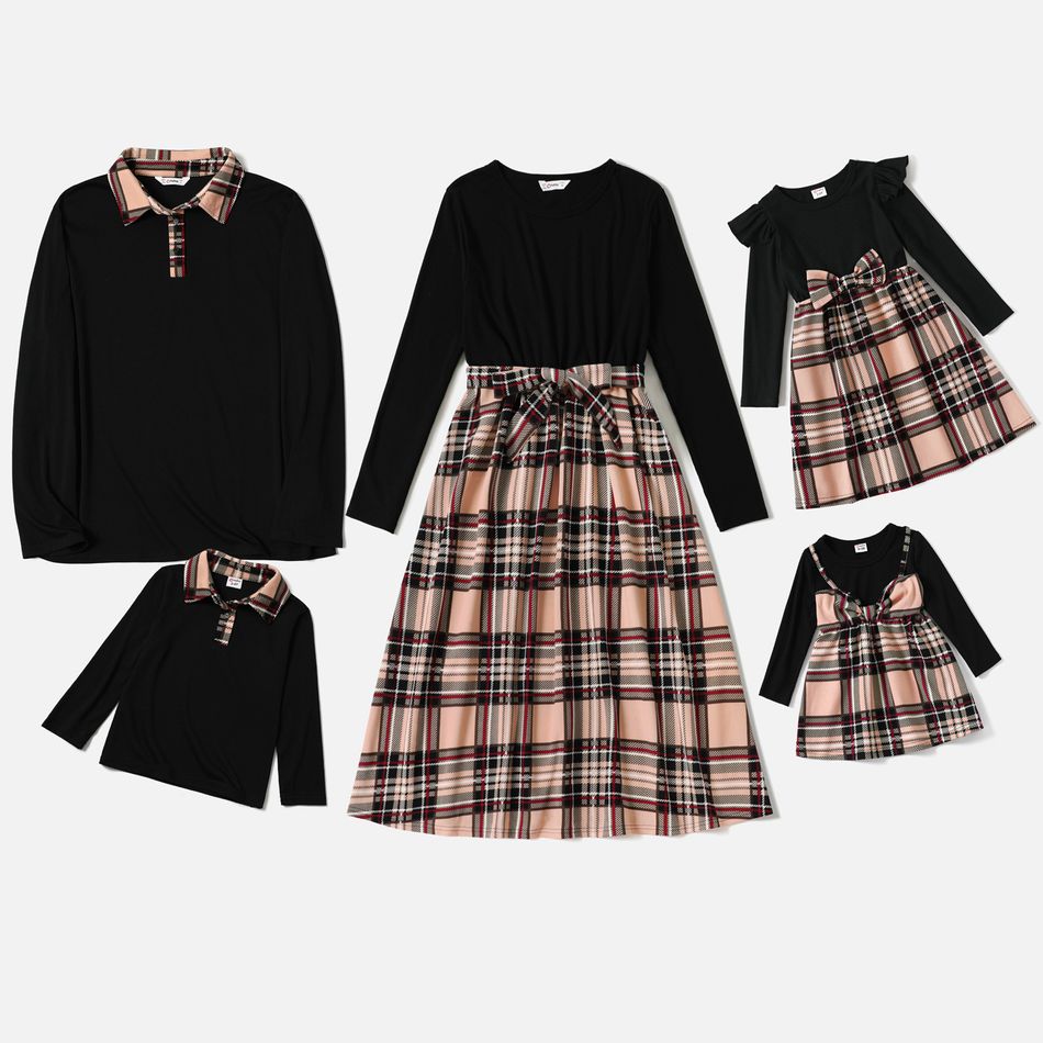 Family Matching Black Long-sleeve Splicing Plaid Dresses and Polo Shirts Sets Black