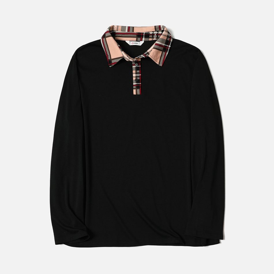 Family Matching Black Long-sleeve Splicing Plaid Dresses and Polo Shirts Sets Black big image 9
