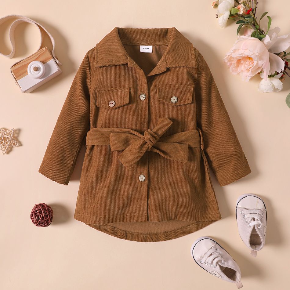 Baby Girl Lapel Collar Button-Down Belted Solid Color Long-sleeve Shirt Jacket Coffee